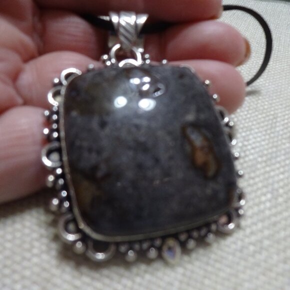 Rustic BROWN SNOWFLAKE JASPER Handmade Sterling 925 Pendant/Cord #629C - Picture 1 of 3